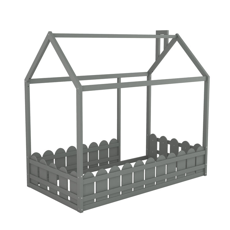 （Slats are not included) Twin Size Wood Bed House Bed Frame with Fence, for Kids, Teens
