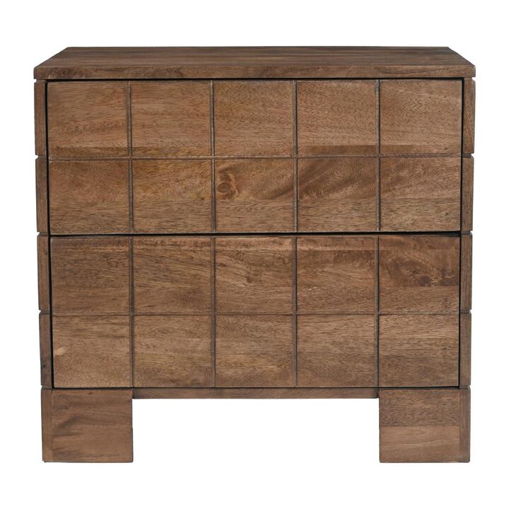 HomeRoots 22" Walnut Wood Carved Geometric Two Drawer Nightstand