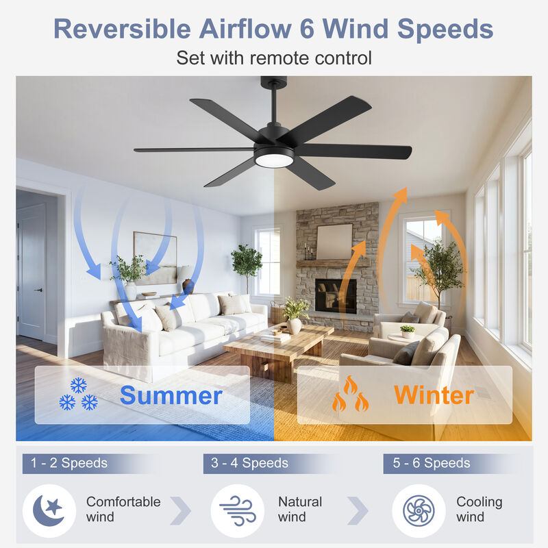 Breezary 60 in LED Ceiling Fan with Light and Remote, 6 Blade DC Motor Fan, Reversible Quiet Fan with Timer image number 3
