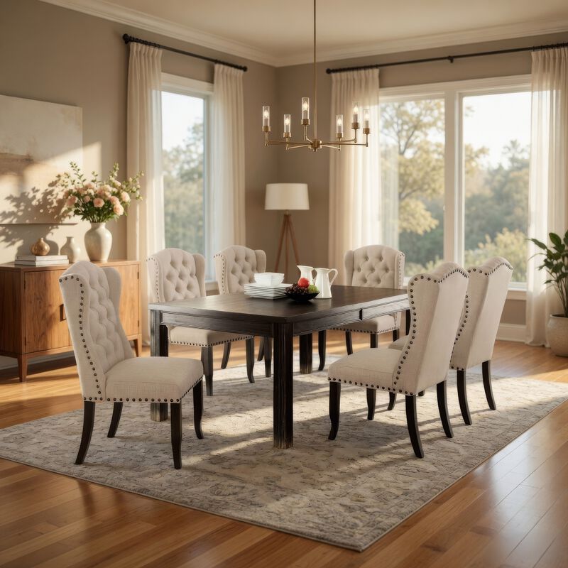 Bega 7pc Dining Table Set, Button Tufted Nailhead Chairs, Black Wood image number 6