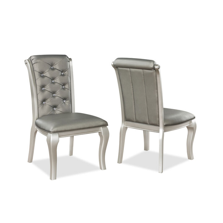 Formal Luxurious Dining Chairs Set of 2 Champagne / Silver Solid Wood High-quality Faux Leather Cushion Button Tufted Side Chairs Kitchen Dining Room Furniture