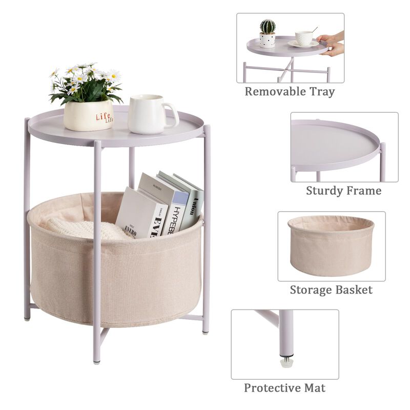 danpinera Round Side Table with Fabric Storage Basket, Metal Side Table Small Bedside Nightstand with Removable Tray Top for Liv