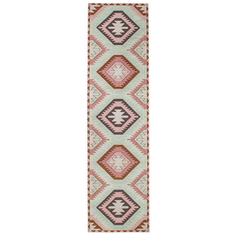 Suzie Pink and Green Pastel Tribal Print Runner Rug image number 1
