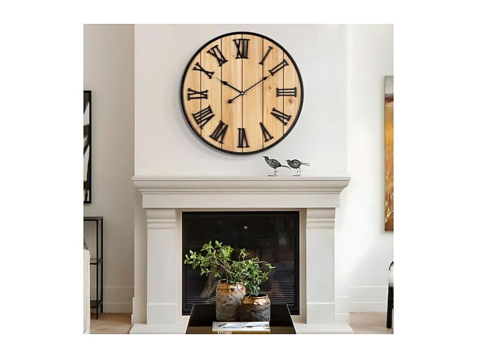 Metal Wood Style Farmhouse Wall Clock 30 Inch Silent Outdoor Battery Operated