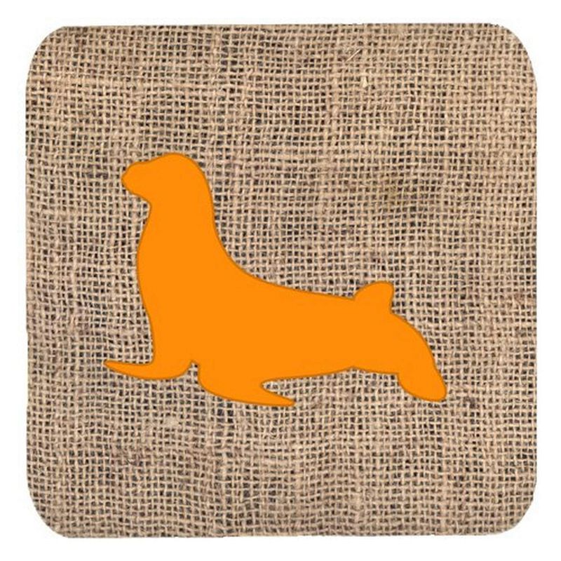 Caroline's Treasures BB1027-BL-OR-FC Seal Burlap and Orange Foam Coasters (Set of 4), 3.5 H x 3.5 W, Multicolor