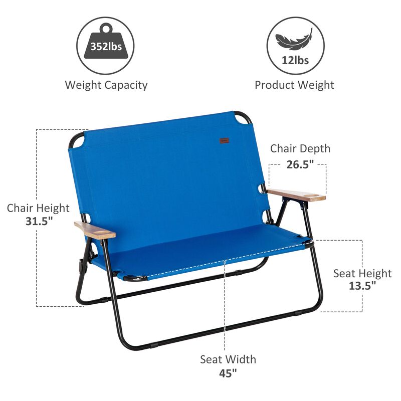 Blue Outdoor Loveseat: Folding Double Chair with Cup Holders