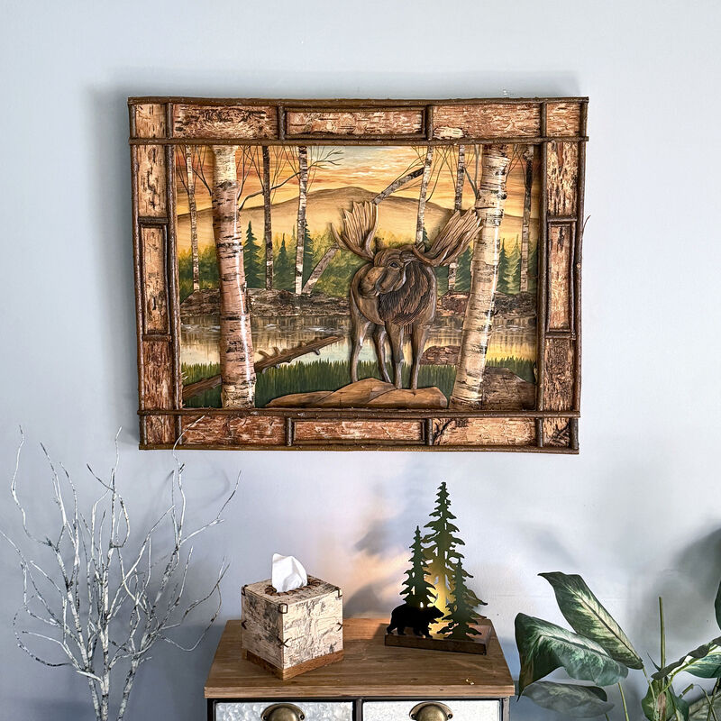 Rustic Moose Birch Forest Wood Wall Sculpture 28.75x36.5 Brown Glossy image number 5