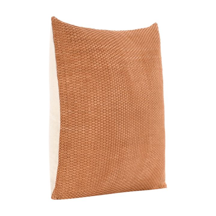 Sino Throw Pillow, Woven Basket Design, 18 Inch Brown Suede Leather - Benzara