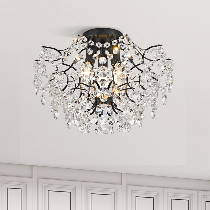 Dahlia Elegant Indoor 3-light Antique Black Crystal Flush Mount