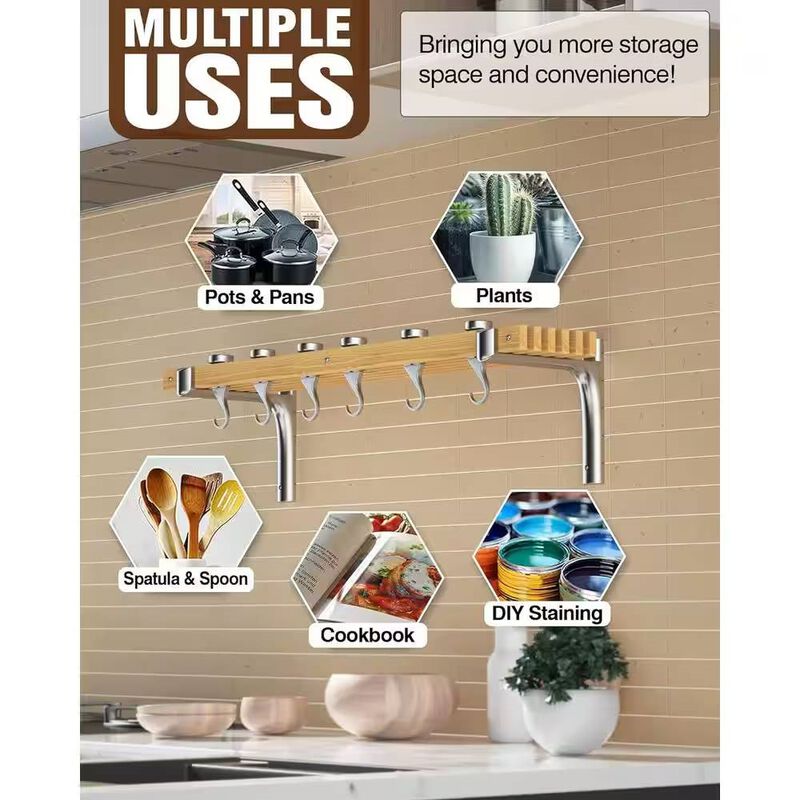 Metal & Wood Wall Pot Rack Hanging Kitchen Organizer with 6 Adjustable Swivel Hooks
