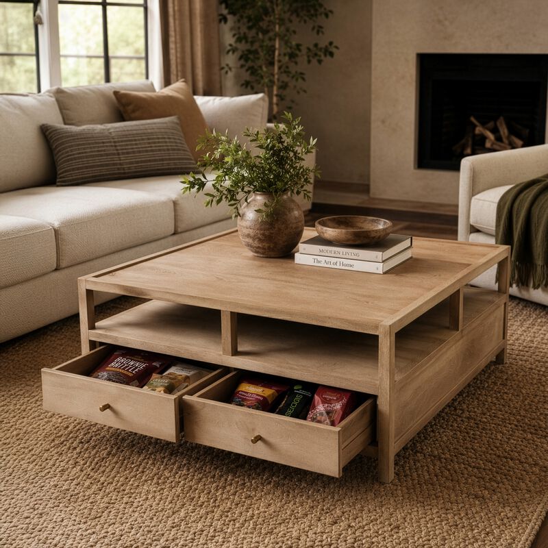 Hika 45 Inch Square Coffee Table, 4 Storage Drawers and Open Shelf, Light Brown Mango Wood image number 7
