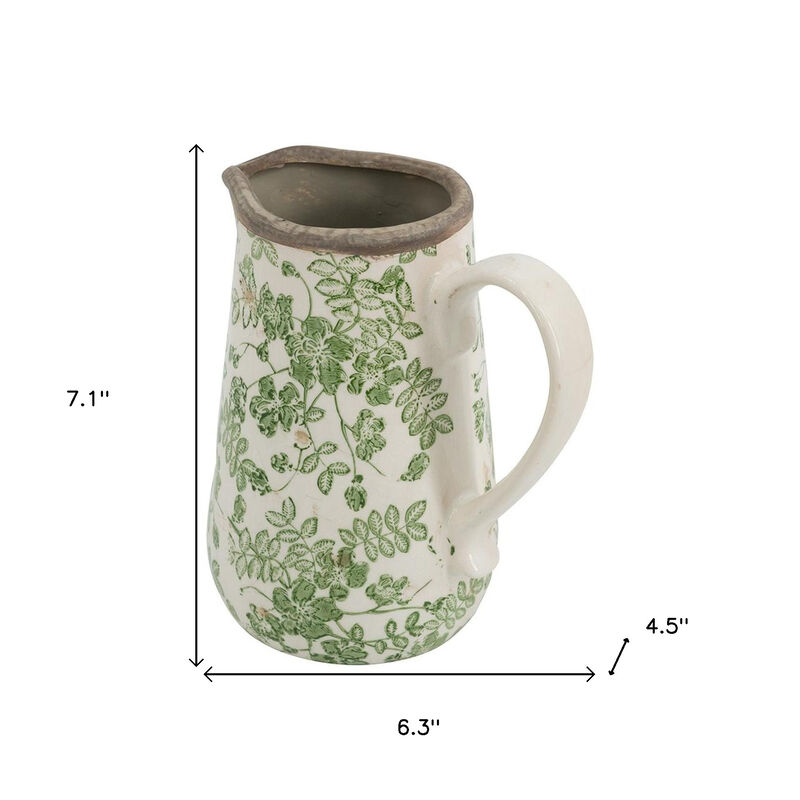 HomeRoots 7" Green And White Leaf Ceramic Round Jug Vase image number 6