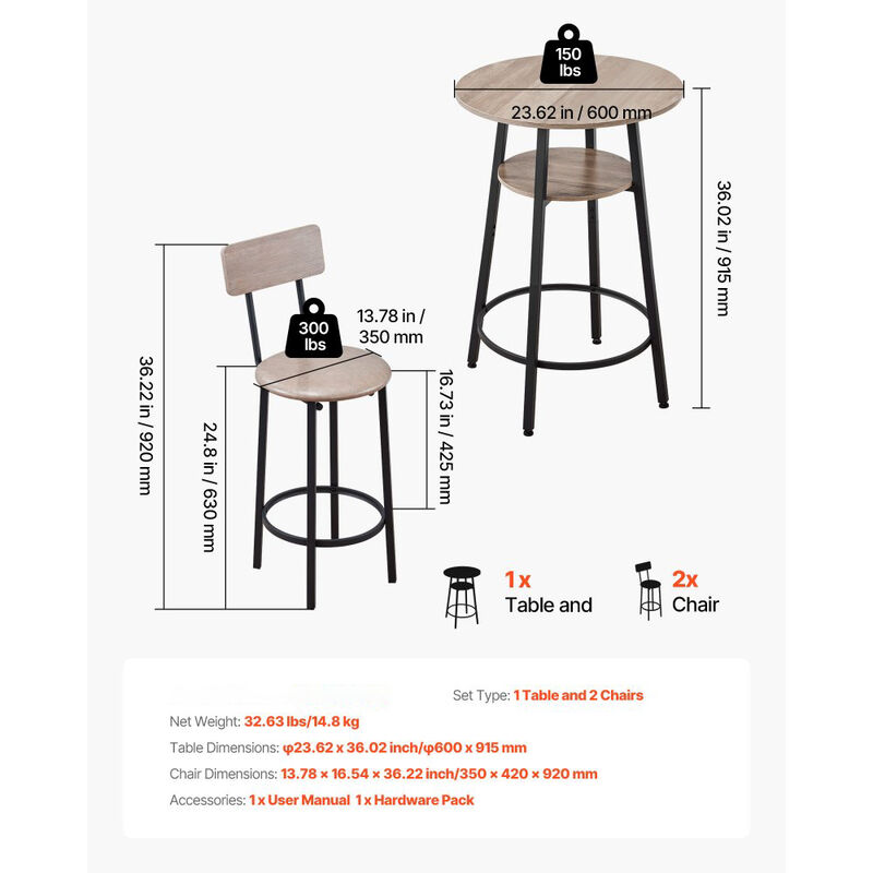 3-Piece Pub Table Set with 2 Chairs for Breakfast Corner image number 2