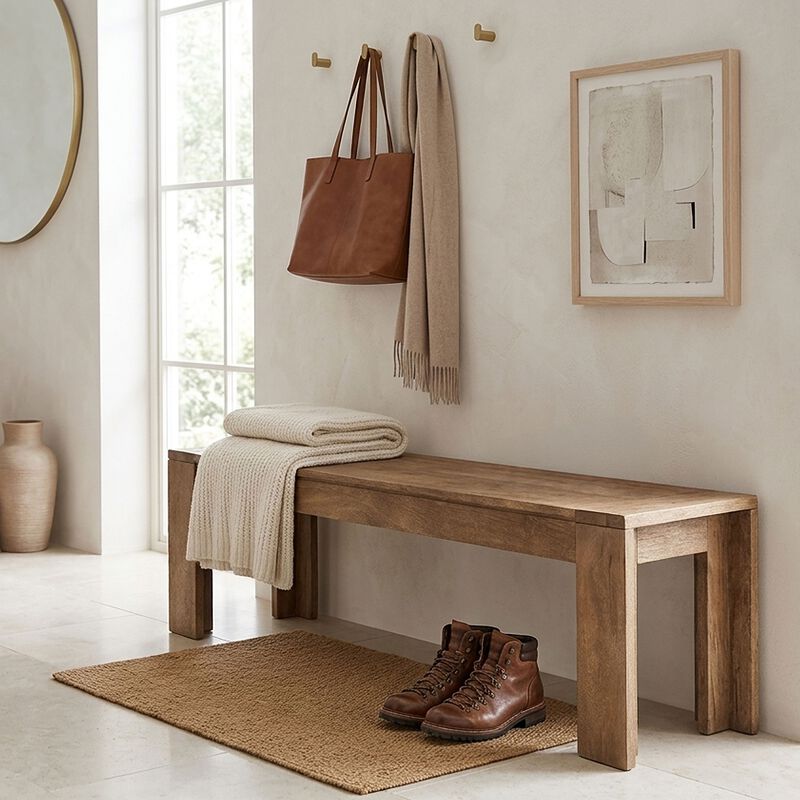 Himaru 3 Seater Bench, Premium Acacia Wood with Light Brown Finish, T Shape Legs, 58 inch image number 6