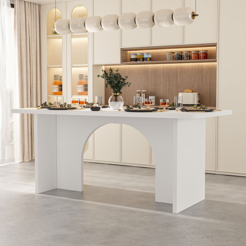 FUFU&GAGA 74.8&rdquo; White Modern Dining Table with Triple-Section Scratch-Resistant Top and Solid Panel Legs, Kitchen Table with Metal Reinforcement, (74.8 in. L x 34.6 in. W x 31.5 in. H), White