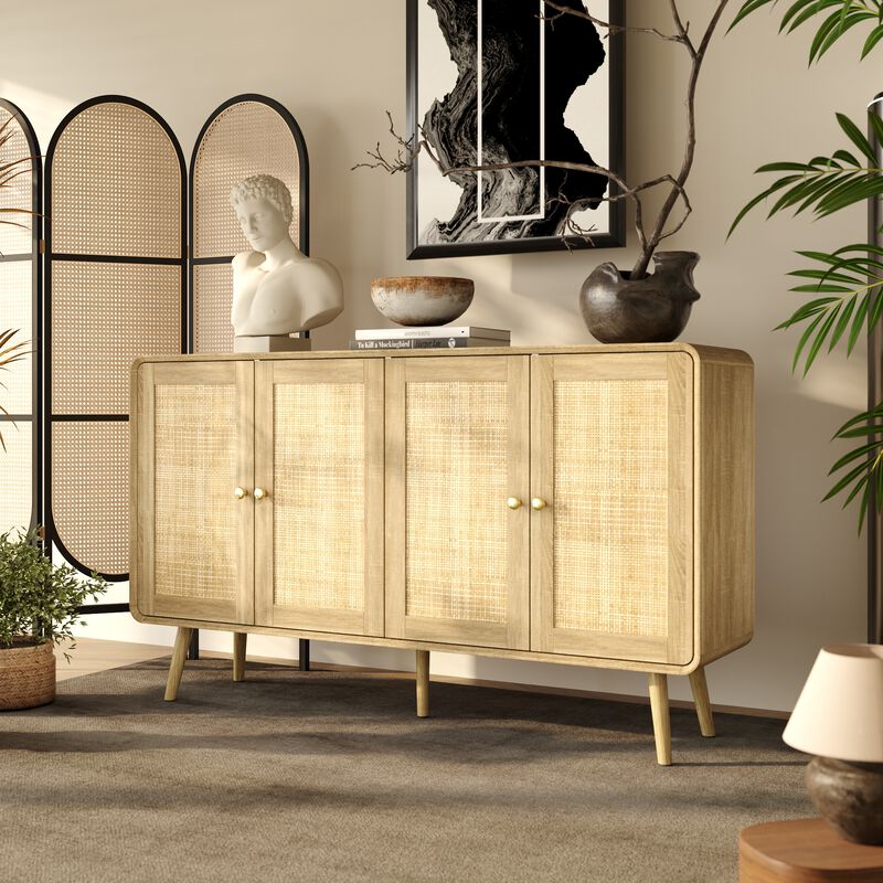 FUFU&GAGA Rattan Bookshelf, Modern Storage Cabinet with 4 Doors, Gold Handles & Solid Wood Legs, Freestanding Bookcase for Home Office, Study Room & Living Room (55.1" W x 32.1" H x 13.9" D), Natural Wood