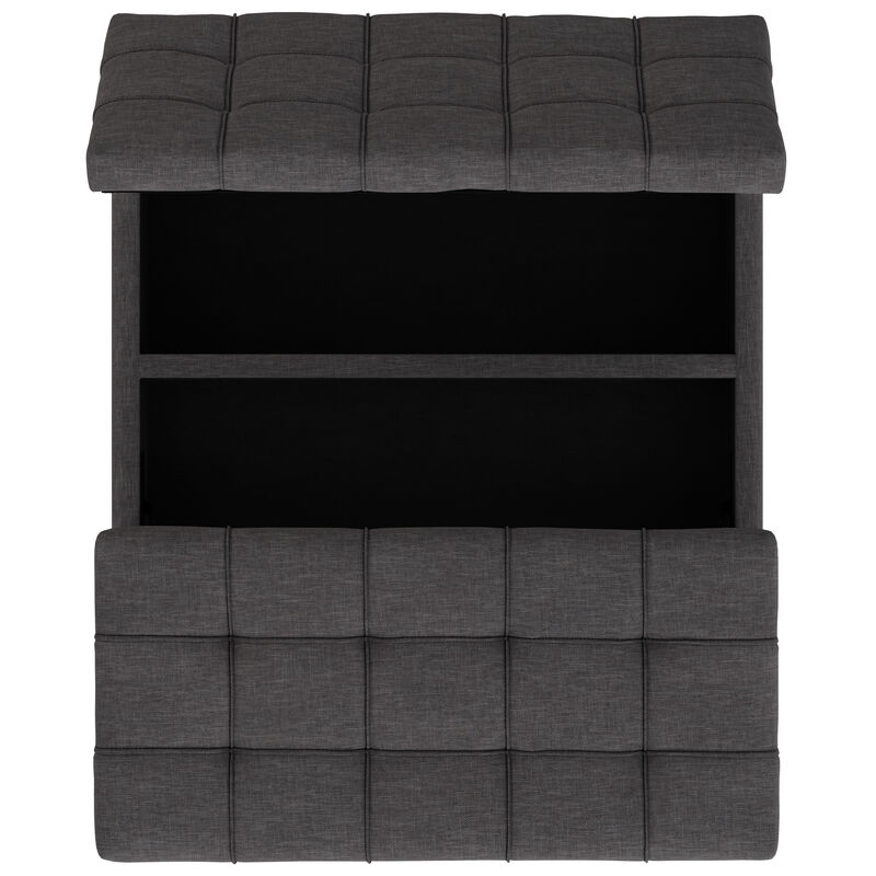 Laura 36 inch Wide Transitional Square Mid Century Lift Top Storage Ottoman in Slate Grey Polyester Linen, Assembled
