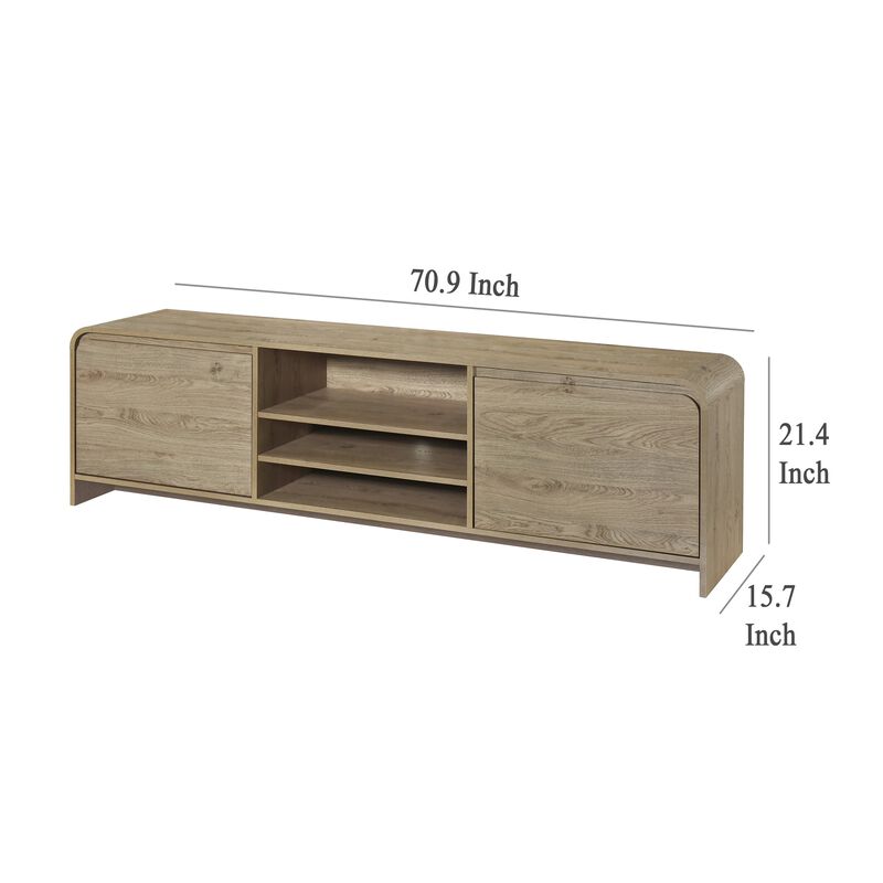 Maria TV Stand Media Cabinet, 2 Drawer and Shelves, Beige Wood 71 Inch - Benzara
