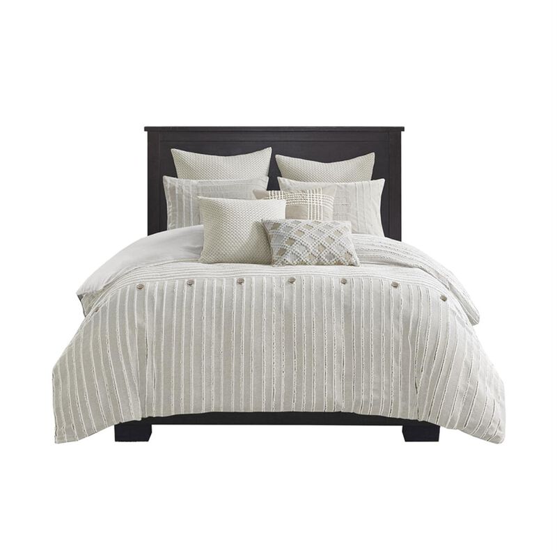 MADISON PARK SIGNATURE King Comforter Set Clipped Jacquard Stripes with Buttons Boho Comforter for a King-Size Bed, Cotton Overs