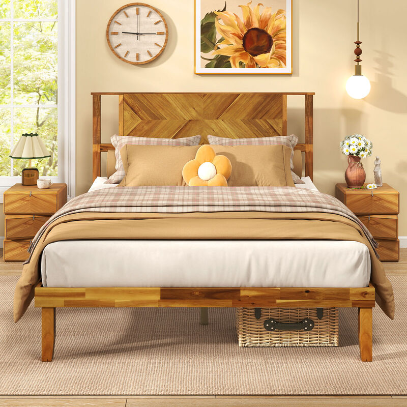 Acacia Wood Platform Bed Frame with Headboard, Mid-Century Style image number 7