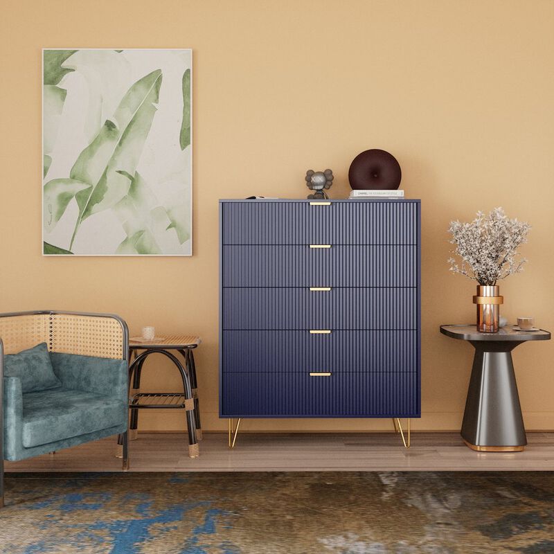 5-Drawer Chest in MDF Wood with Gold Metal Legs and Handles in Blue Color