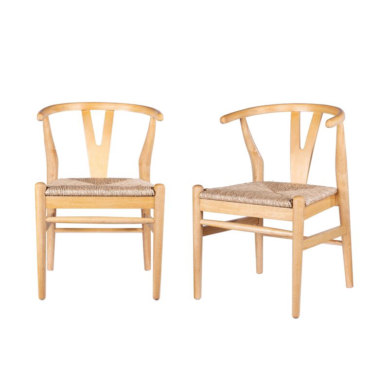 Cera Dining Chair Set of 2, Handwoven Rope Seat, Natural Brown Wood - Benzara