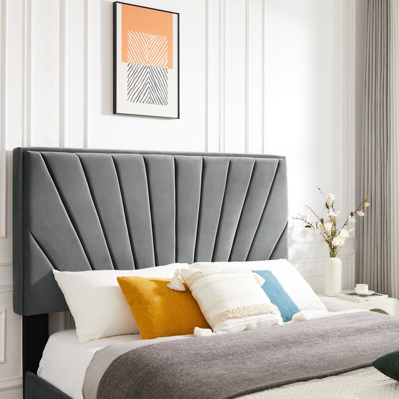Queen bed Beautiful line stripe cushion headboard, strong wooden slats + metal legs with Electroplate