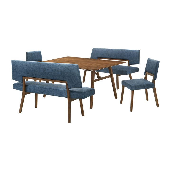 Yumi 5 Piece Dining Table Set, Chairs and Benches, Blue Fabric, Wood Brown - Benzara