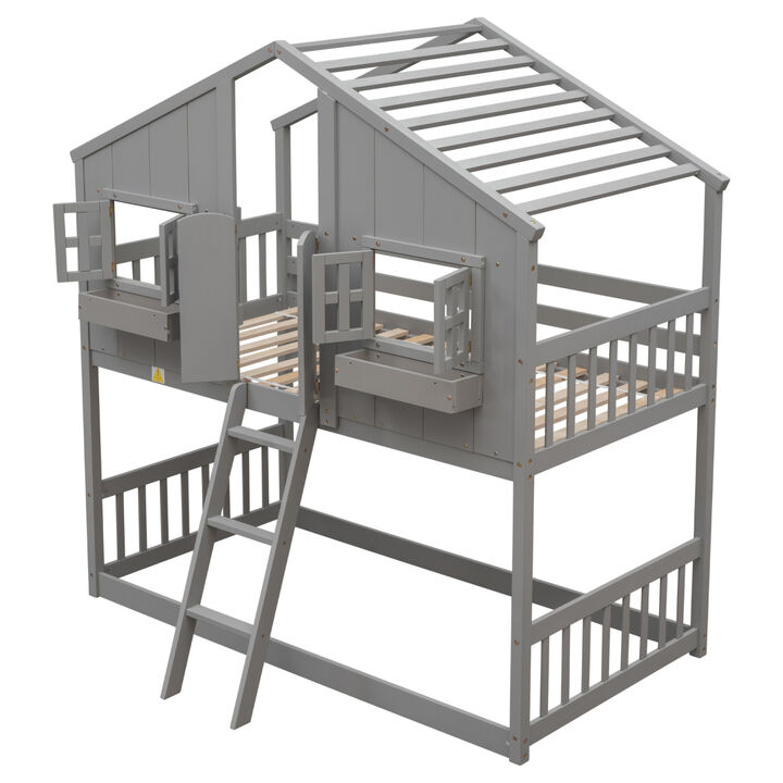 Twin over Twin House Bunk Bed with Roof, Window, Window Box, Door, with Safety Guardrails and Ladder, Grey