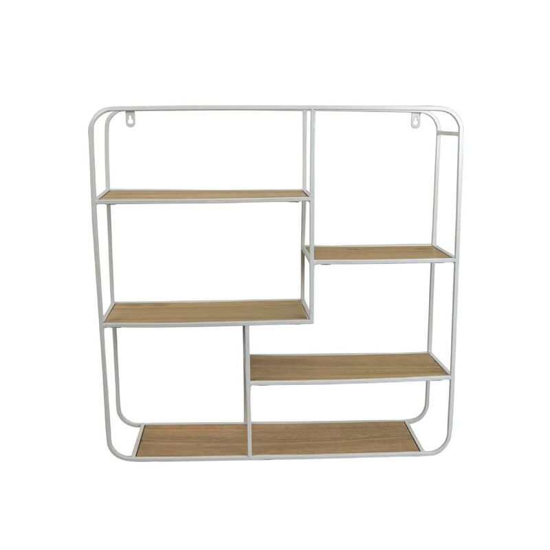 Decorative Wall Shelf with 6 Staggered Wood Racks, White Metal 24 Inch - Benzara