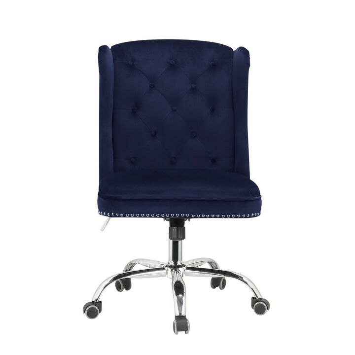 Velvet Upholstered Armless Swivel and Adjustable Tufted Office Chair, Blue-Benzara