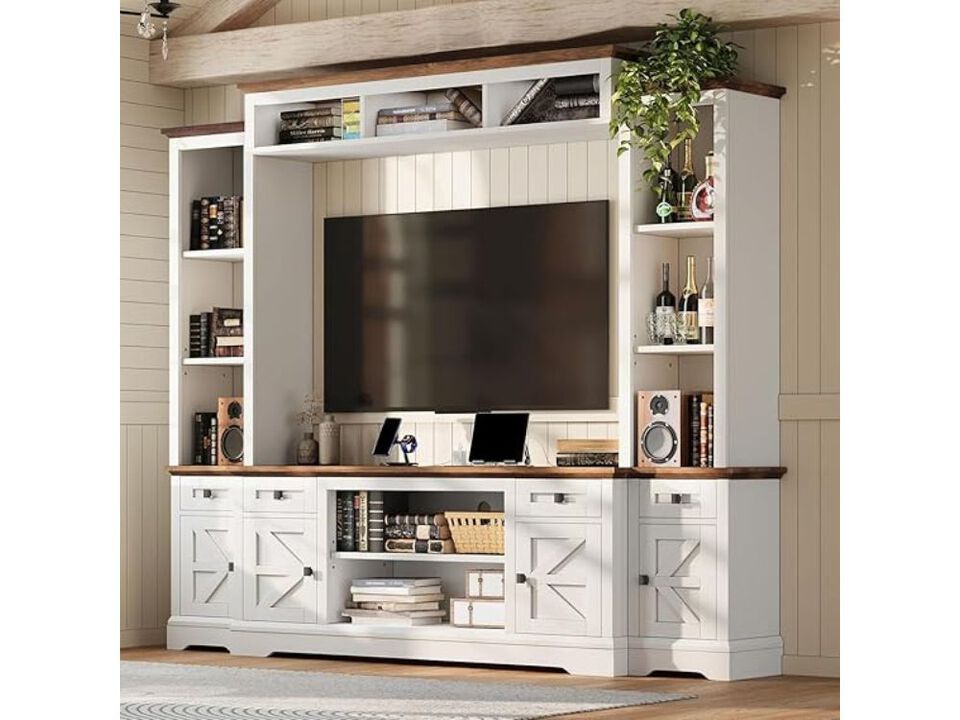 4 Piece Living Room Table Set Farmhouse TV Stand with Bookshelves Wine Cabinet