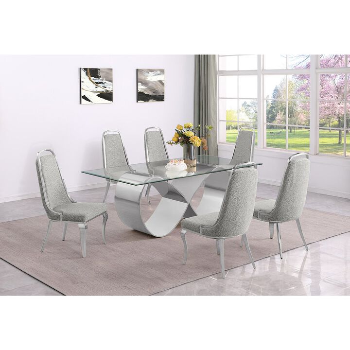 Best Quality Furniture 7Pc Tempered Glass Dining Set 6 Rich Gray Boucle Side Chairs And A Silver Base