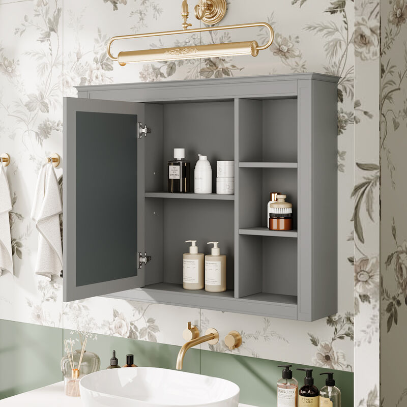 Mirror Medicine Cabinet with 6 Open Shelves for Bathroom Storage