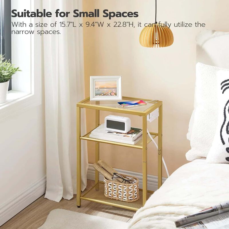 3-Tier End Table with Tempered Glass Shelves, USB and Power Outlet-Gold image number 5