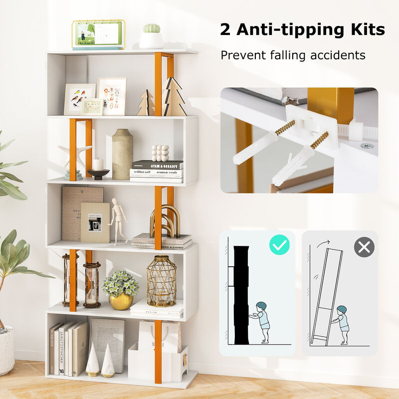 Heavy-Duty Metal Frame Geometric Bookcase with 5 Tiers and Anti-Tip Kits