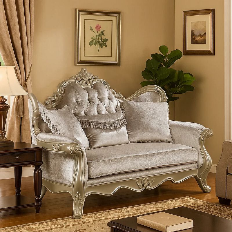 Bertha Baroque Loveseat with 3 Pillows, Tufted Champagne Gray, 70 Inch image number 6