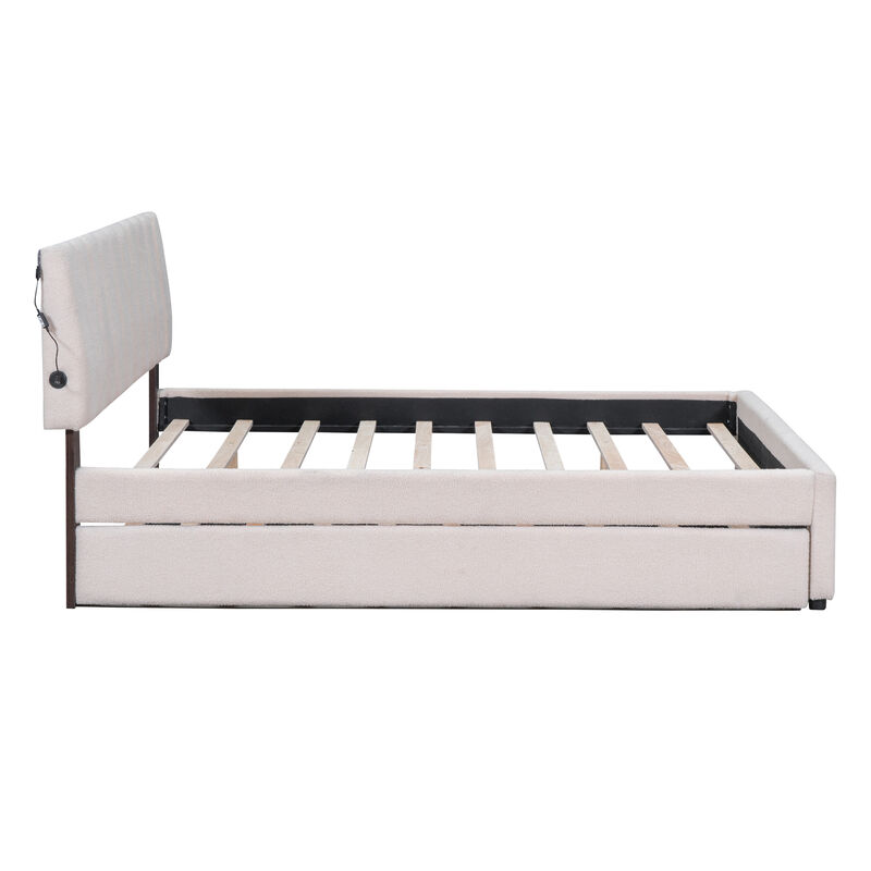 Merax Teddy Fleece Upholstered Platform Bed with Trundle