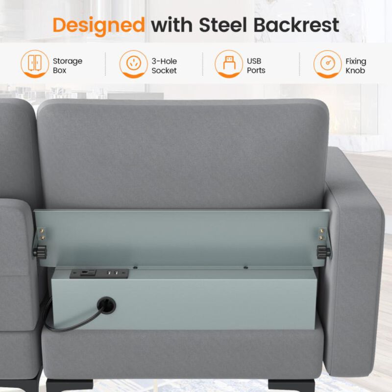 Hivvago Modular 3-Seat Sofa Couch with Socket USB Ports and Side Storage Pocket. image number 3