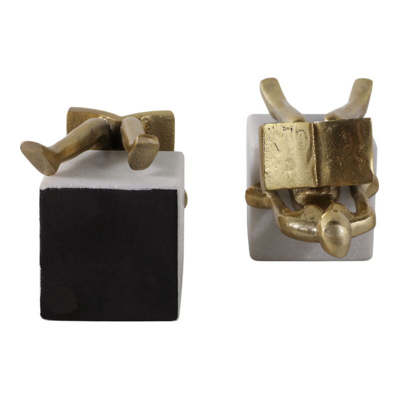 S/2 8" Reading On Marble Stand Bookends, Gold/whit image number 5