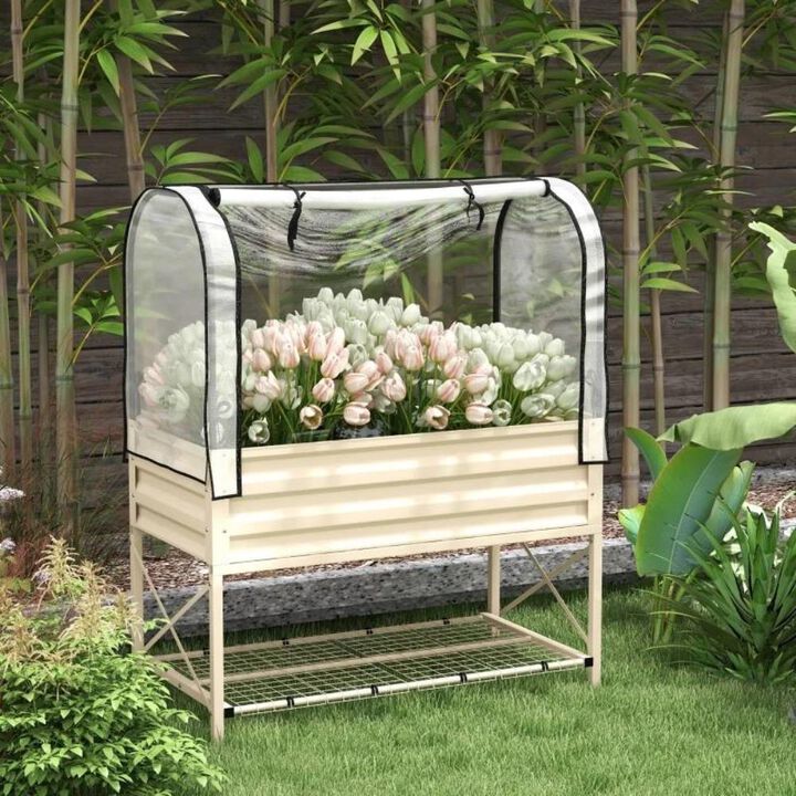 Hivvago Cream Elevated Metal Raised Garden Bed w/ Greenhouse Cover