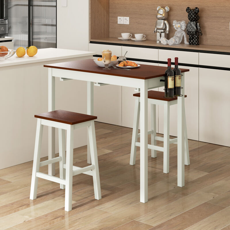 3-Piece Bar Table Set with 2 Wine Holders and Wooden Legs-White