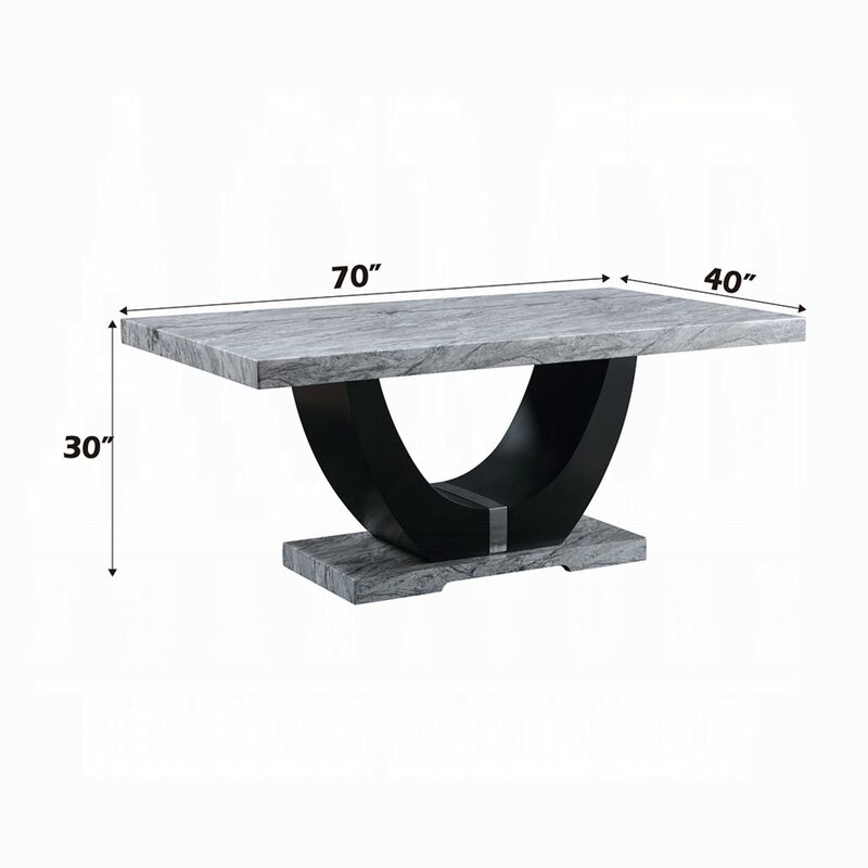 Aline Dining Table with Faux Stone Top, U-Shaped Base, Black 70 Inch