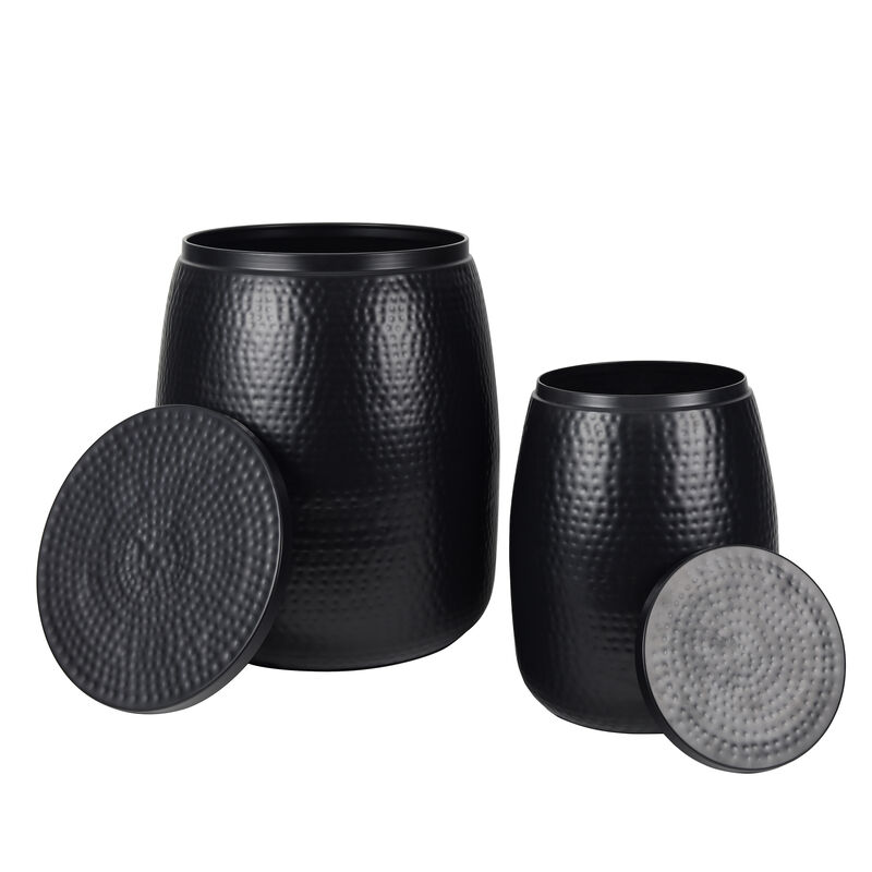 Merida Modern Rustic Hammered Metal Drum Storage Side Table with Lid