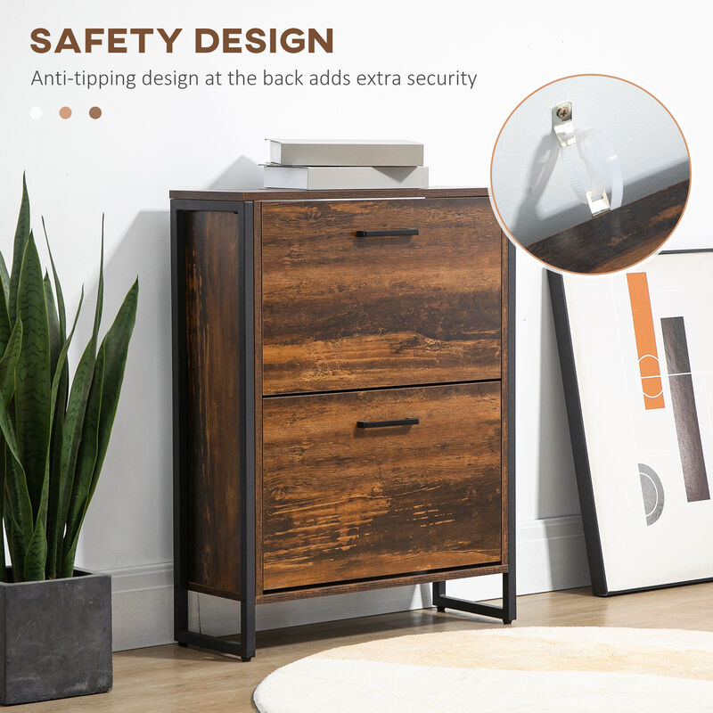 HOMCOM Industrial Shoe Cabinet with 2 Flip Drawers, Freestanding Shoe Storage Cabinet for 12 Pairs, Narrow Slim Shoe Rack for Entryway, Hallway, Rustic Brown