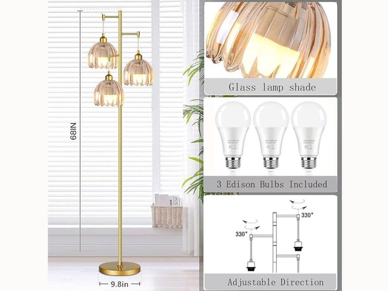 70" Gold Tree Floor Lamp &ndash; 3 Glass Shades, Rustic Finish, LED Bulbs Included