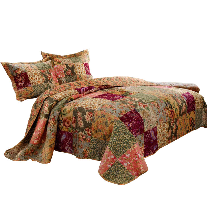 Kamet 3 Piece Fabric Full Size Bedspread Set with Floral Prints, Multicolor - Benzara