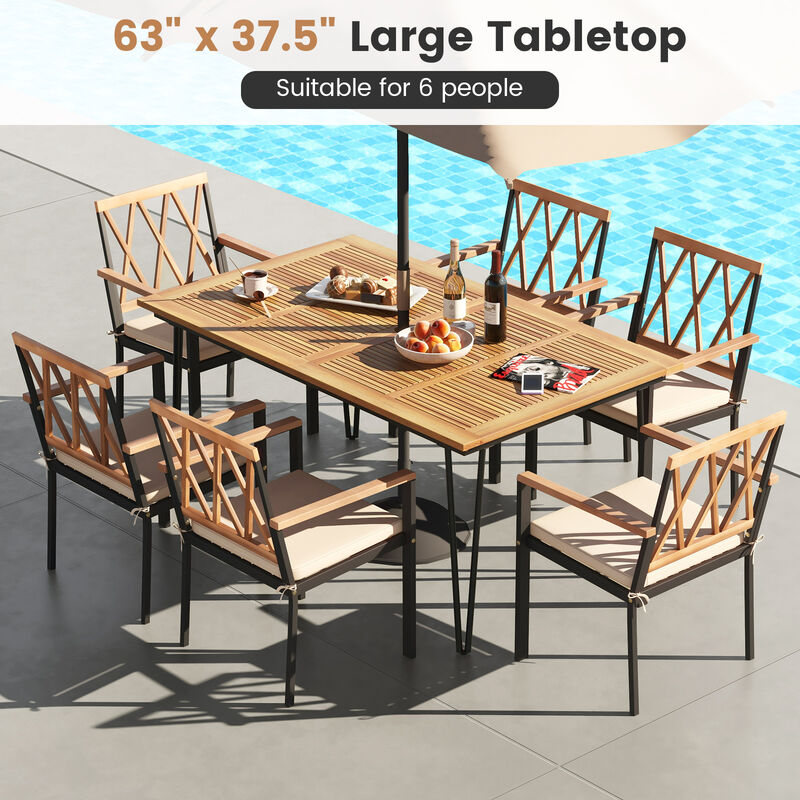 Rectangular Outdoor Dining Table for 6 People with Acacia Wood Tabletop and Umbrella Hole