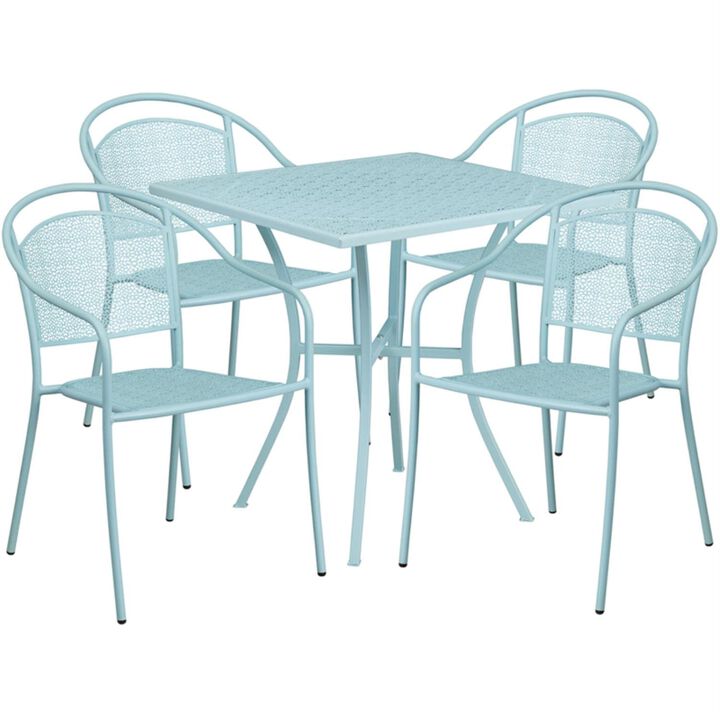 Flash Furniture Oia Commercial Grade 28" Square Sky Blue Indoor-Outdoor Steel Patio Table Set with 4 Round Back Chairs