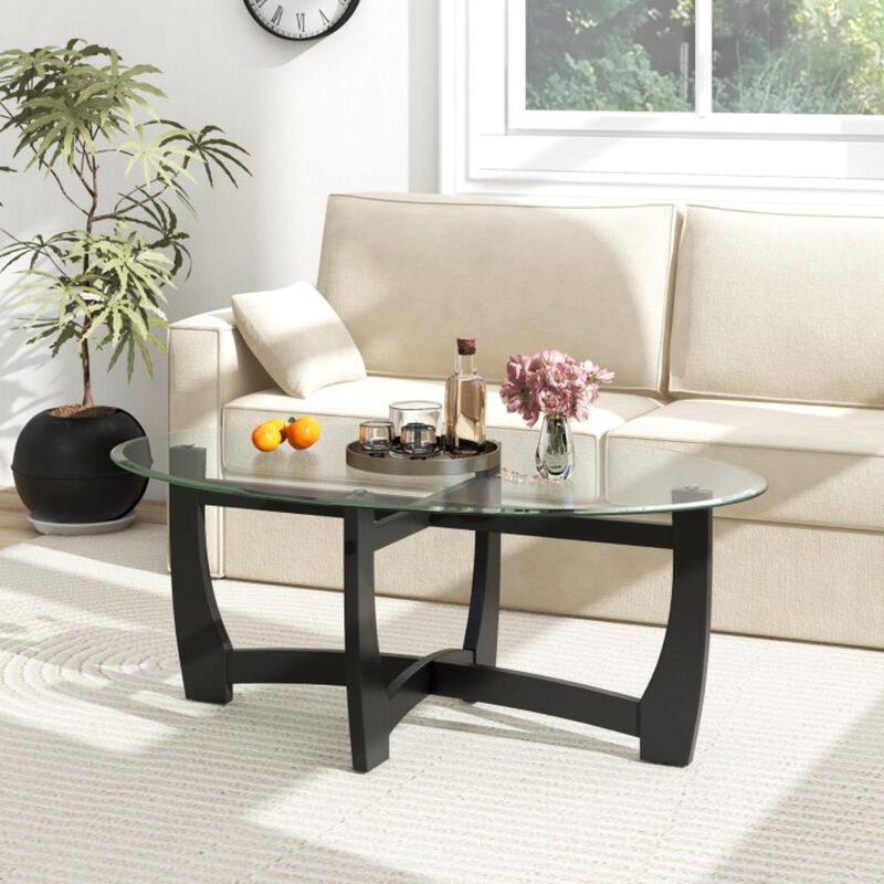 Hivvago Oval Coffee Table with Tempered Glass Tabletop and Rubber Wood Legs
